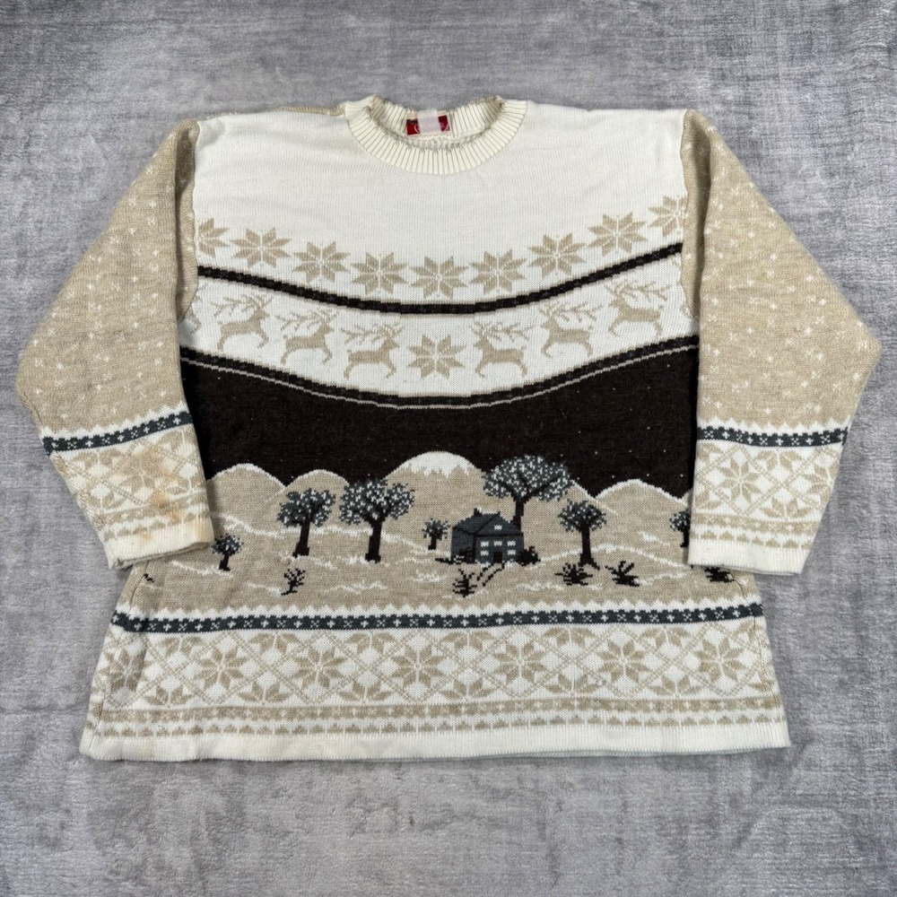 Grace Sweater Women Large Cream Reindeer Cabin Scenic Fair Isle Knit Pullover